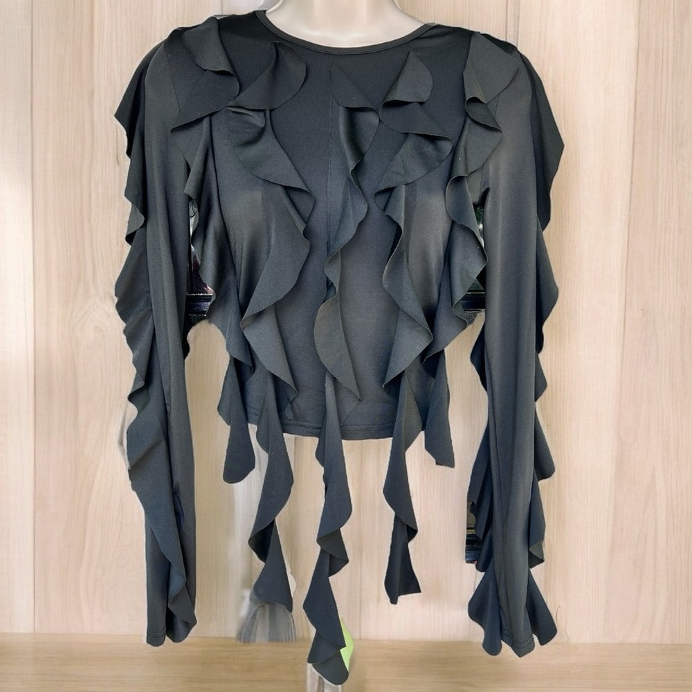 Size Small…..…Black Long Sleeve‎ Ruffled Stretchy Top. New #477